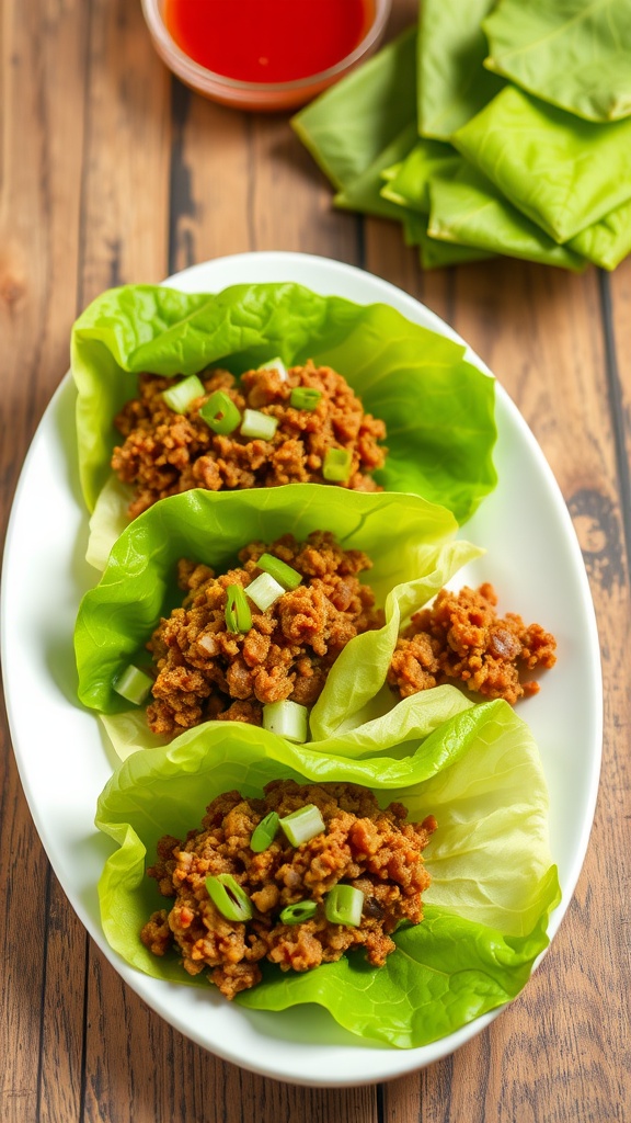 Asian-style ground beef lettuce wraps served on a white plate, garnished with chopped green onions and sesame seeds.