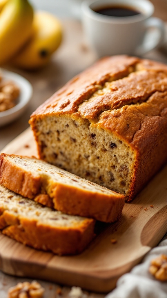 Freshly baked banana bread loaf sliced on a wooden cutting board with a golden-brown crust.