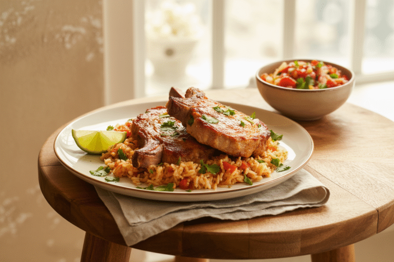 A photograph of a perfectly plated Flavorful Mexican Pork Chops and Rice Bake