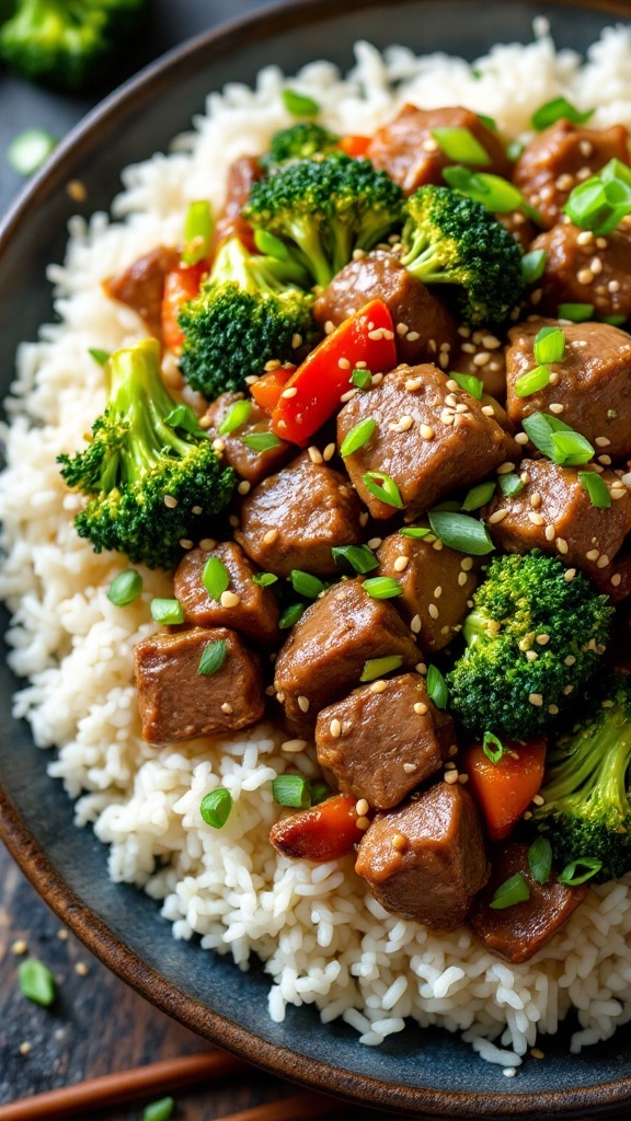 Delicious beef and broccoli stir-fry served over rice with vibrant colors.