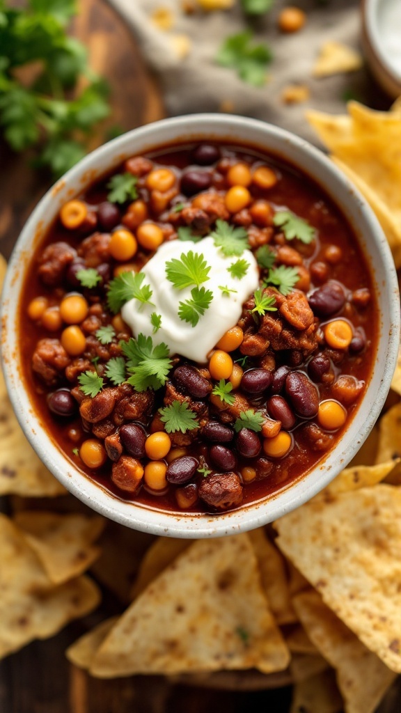 A bowl of beef chili with beans, topped with cilantro and sour cream, served with tortilla chips.