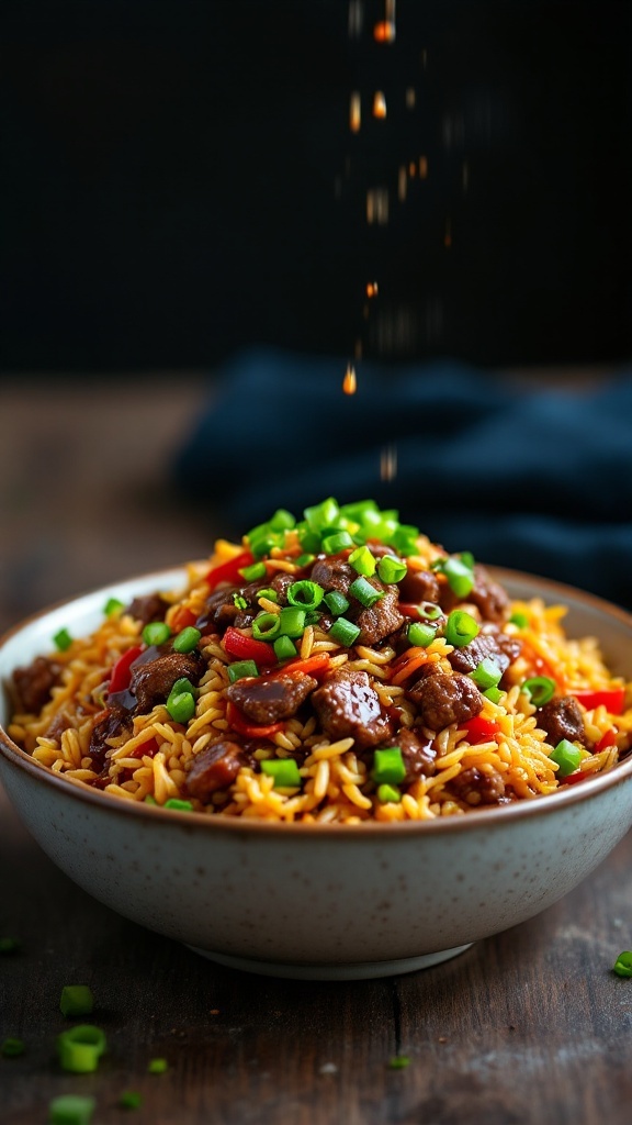 A bowl of beef fried rice with vegetables topped with green onions.