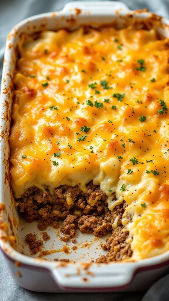 A delicious cheesy beef and potato casserole in a baking dish.