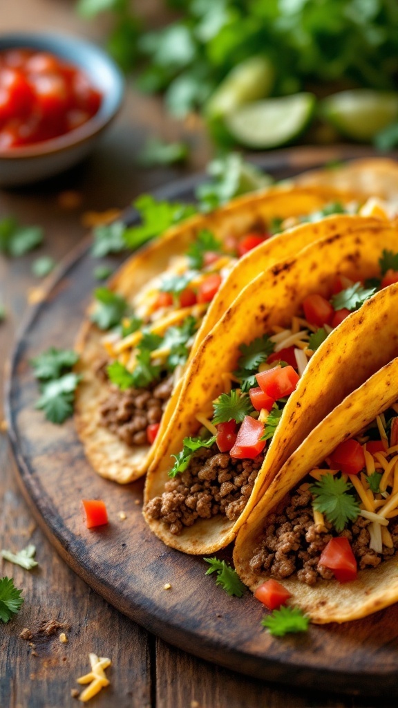 Classic beef tacos with fresh toppings, served on a wooden platter.