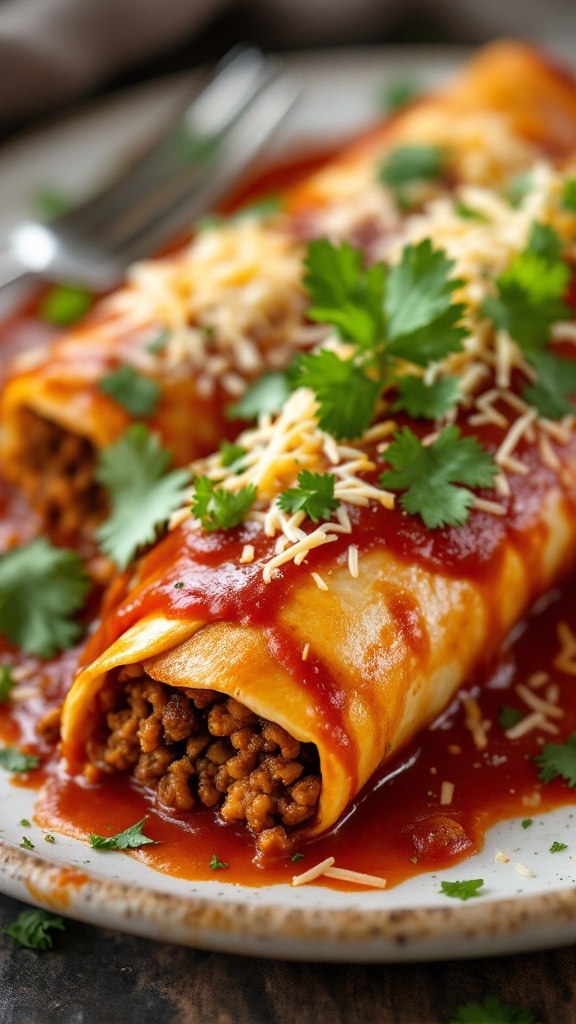 Delicious ground beef enchiladas topped with sauce and cheese, garnished with fresh cilantro.