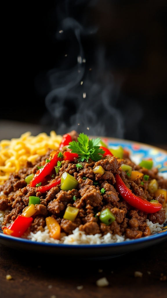 A colorful plate of ground beef stir-fry topped with peppers and onions, served with rice.