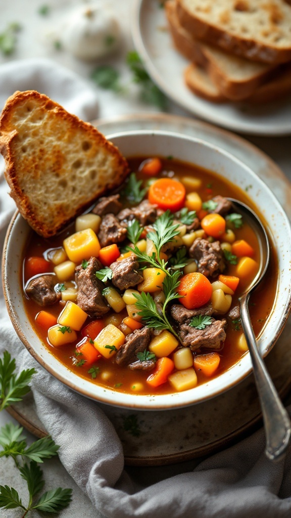A bowl of hearty beef and vegetable soup with a slice of bread