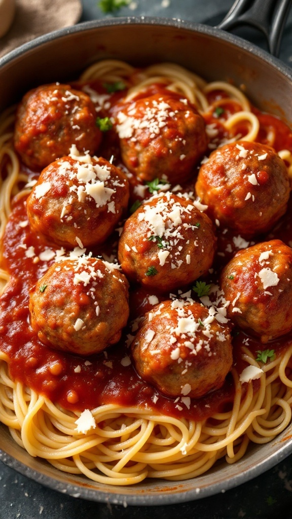 Savory beef meatballs in marinara sauce served over spaghetti