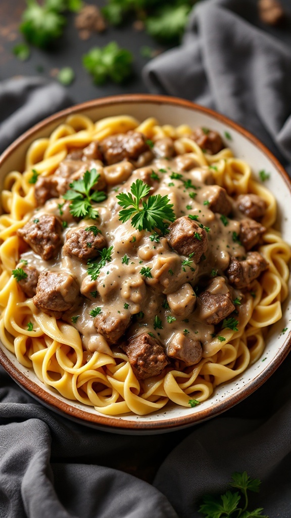 A bowl of beef stroganoff served over egg noodles, garnished with parsley.