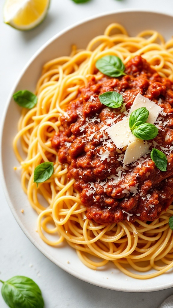 A plate of spaghetti bolognese topped with fresh herbs and cheese.
