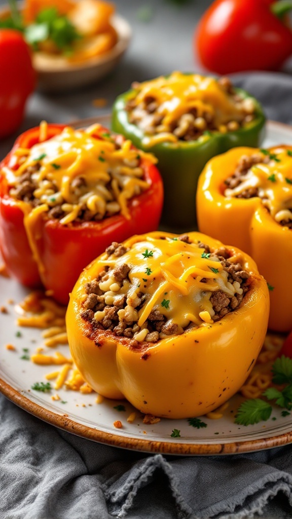 Stuffed bell peppers filled with ground beef, rice, and cheese, garnished with parsley.