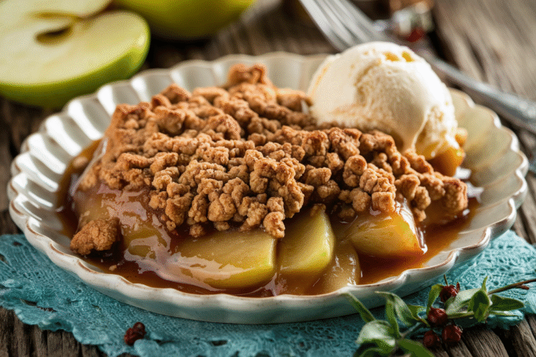 “Close-up view of warm apple crumble served on a white ceramic plate, golden brown cinnamon-streusel topping"