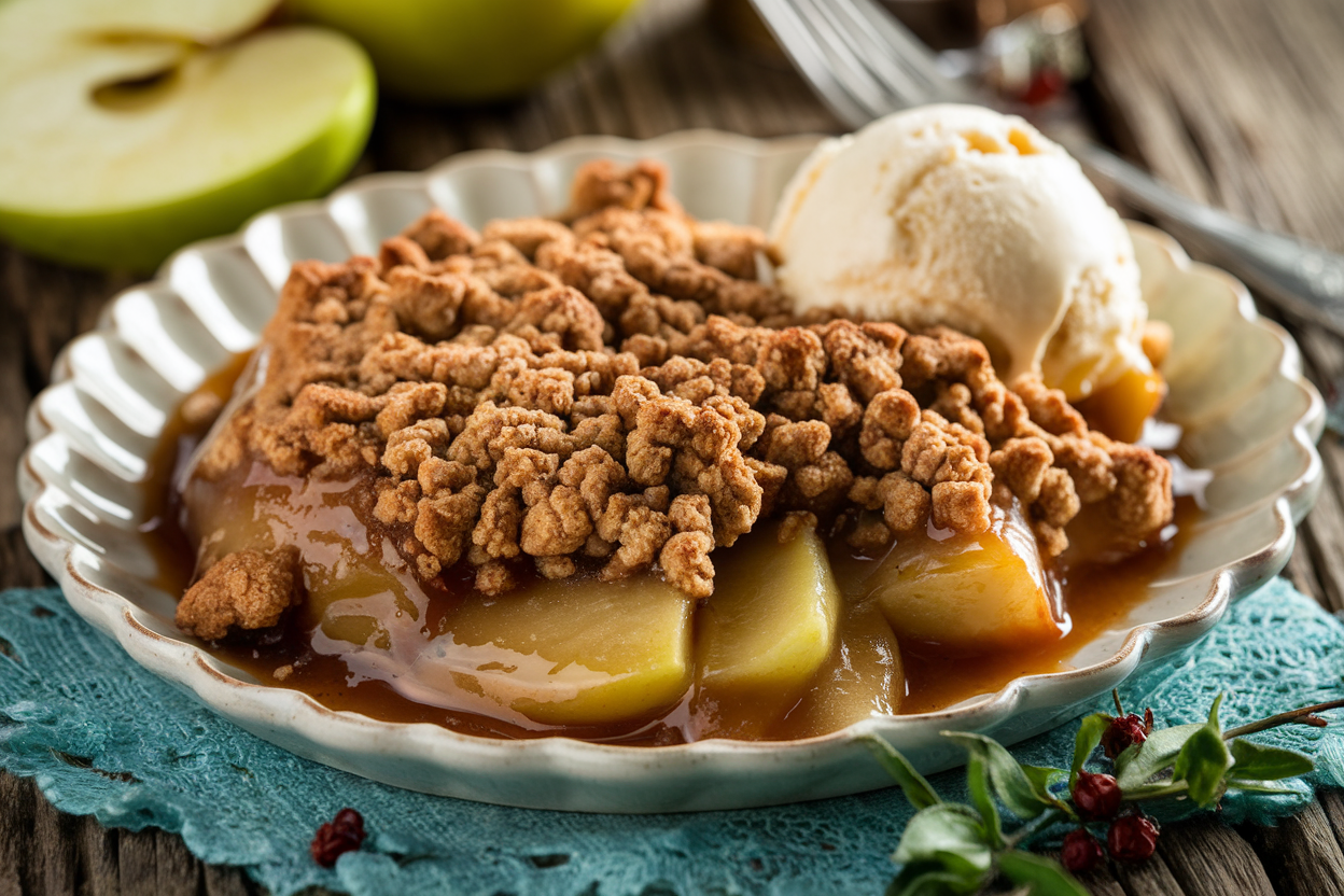 “Close-up view of warm apple crumble served on a white ceramic plate, golden brown cinnamon-streusel topping"