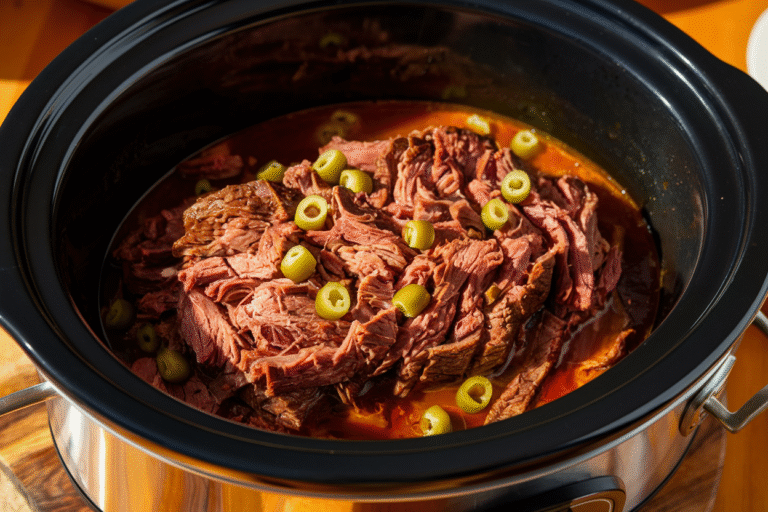 Close-up view of shredded Mississippi pot roast inside a black slow cooker, tender beef swimming in rich savory juices, topped with bright yellow pepperoncini peppers,