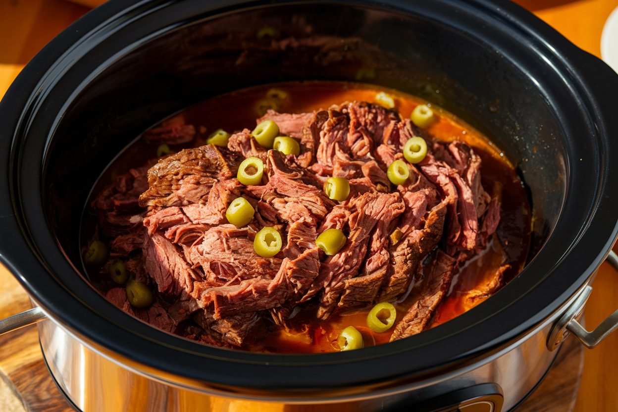 Close-up view of shredded Mississippi pot roast inside a black slow cooker, tender beef swimming in rich savory juices, topped with bright yellow pepperoncini peppers,