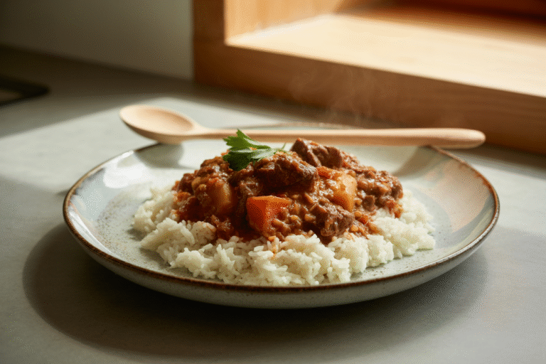 hearty beef stew on delicious cooked rice on a large plate