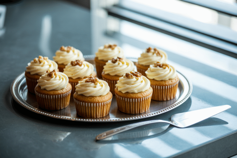 a serving tray displaying a tempting assortment of Soft and Fluffy Banana Cupcakes with Cream Cheese Frosting