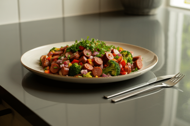 Smoked Sausage and Vegetable Dinner on a large plate