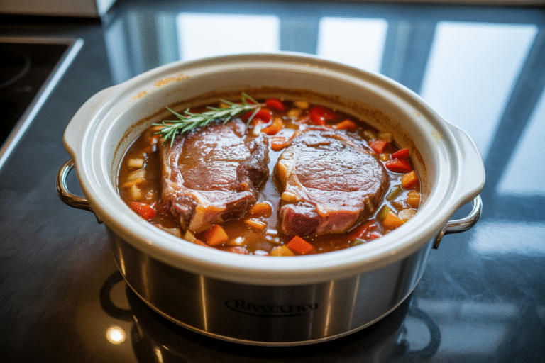 Two pieces of steak cook in crockpot a generous amount of brown gravy with diced bell pepper, diced onion, diced carrots, amd diced tomatoes.