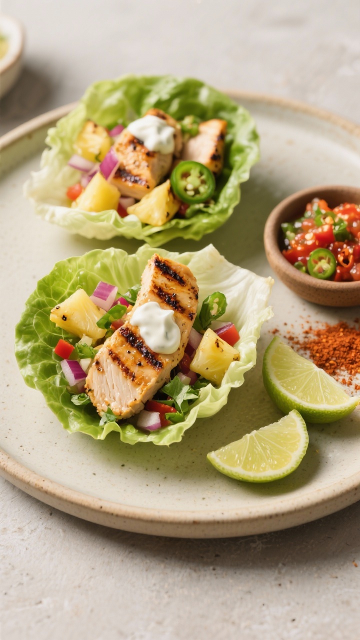 45-degree angle action-style plated scene of Chili-Lime Chicken Lettuce Cups: crisp butter lettuce leaves filled with char-grilled chili-lime chicken pieces, pineapple salsa (pineapple, red onion, jalapeño, cilantro), and a drizzle of tangy yogurt-lime crema; lime wedges, extra salsa in a small bowl, and a sprinkle of chili powder; char marks on chicken glistening, vibrant tropical colors, served on a neutral ceramic platter.