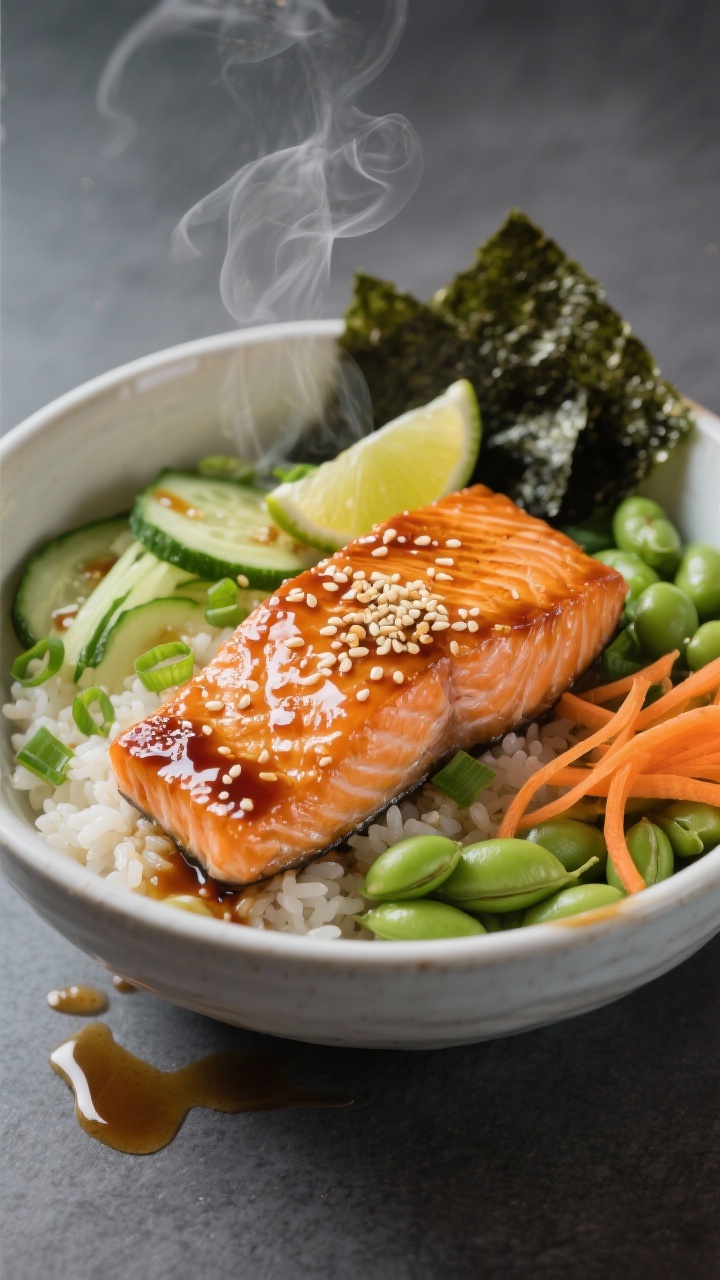45-degree angle plated shot of a Ginger-Sesame Salmon Rice Bowl: glossy ginger-soy glazed salmon fillet with toasted sesame seeds atop warm short-grain rice, surrounded by quick-pickled cucumbers, thin carrot ribbons, edamame, and scallions; a drizzle of sesame oil and extra sauce pooling slightly; lime wedge and nori strips as garnish; steam visible, lacquered glaze catching light, clean ceramic bowl on a matte slate background for modern takeout-beating vibe.