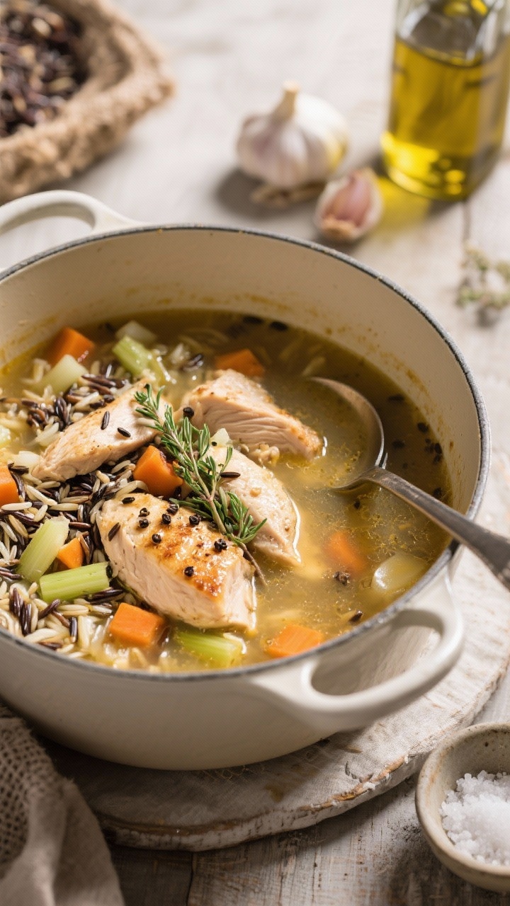 45-degree angle shot of a rustic chicken and wild rice soup in a deep enamel pot; chunks of seared boneless skinless chicken thighs, wild rice, diced carrots, celery, onion, and thyme sprigs visible in a brothy, golden base; cracked black pepper on top; ladle resting on the rim; side props: garlic cloves, olive oil bottle, and a pinch bowl of salt; cozy farmhouse setting.