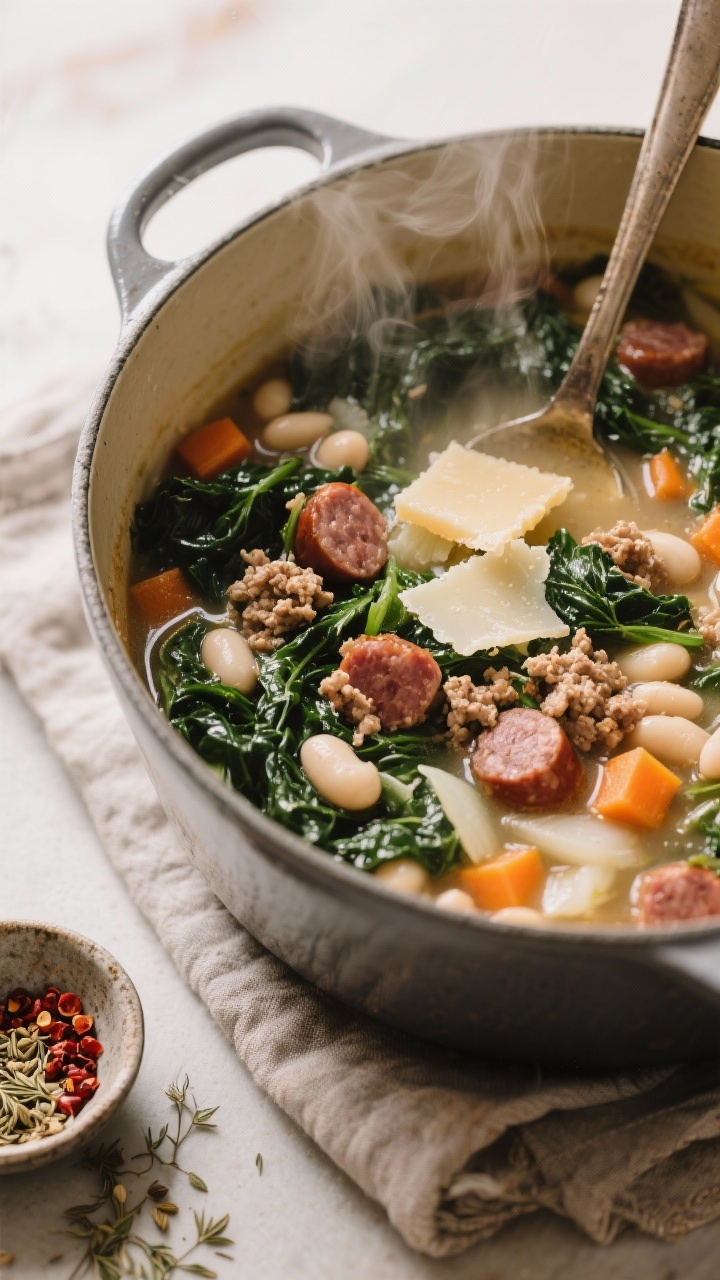 45-degree angle shot of sausage, kale, and white bean soup simmering in a Dutch oven; crumbled Italian sausage, ribbons of dark green kale, creamy white beans, diced carrots, onion, and a visible Parmesan rind infusing the broth; a pinch bowl of crushed red pepper and fennel seeds nearby; light steam, rustic metal ladle, warm kitchen light.