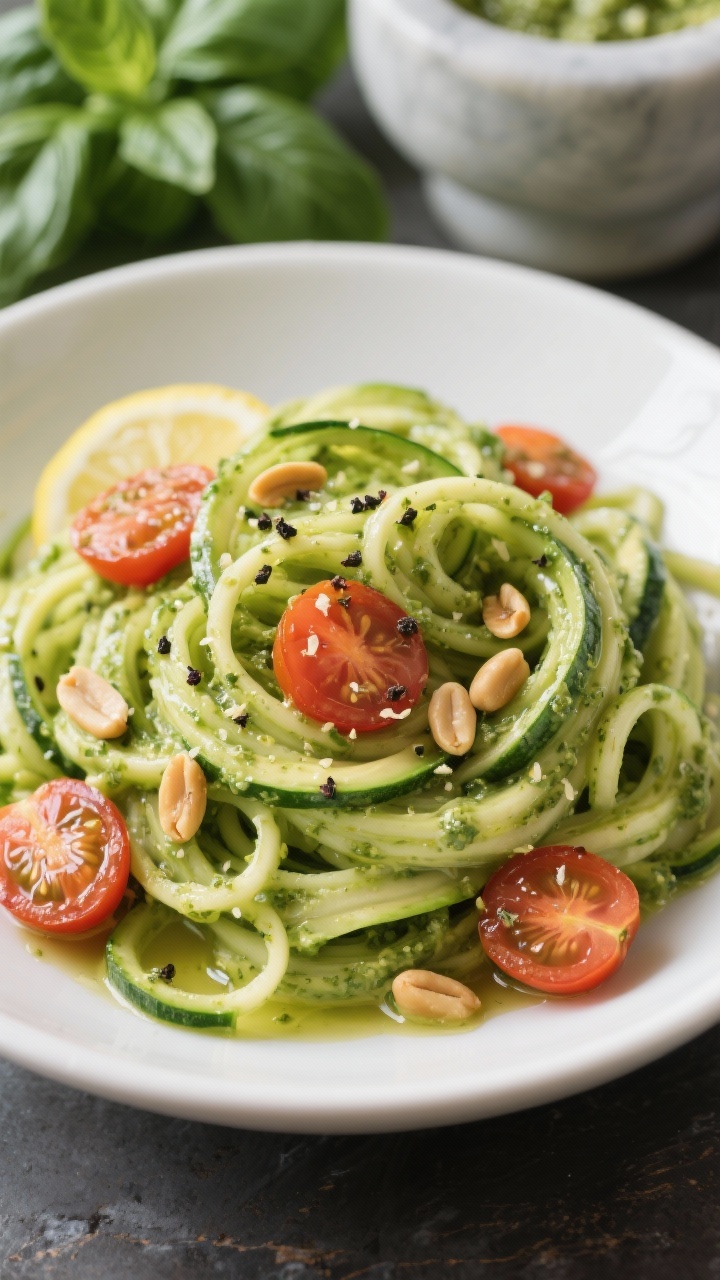 Close-up beauty shot of Creamy Avocado Pesto Zoodles: spiralized zucchini noodles coated in silky avocado-basil pesto with garlic and lemon, twirls piled high in a shallow white bowl; halved blistered cherry tomatoes nestled throughout, microplane lemon zest and cracked black pepper on top, toasted pine nuts sprinkled; gloss from olive oil, velvety texture emphasized, background blur with a mortar of pesto and fresh basil bunch.