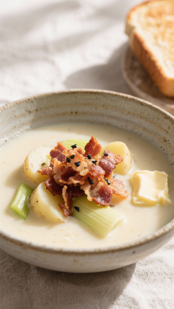 Close-up, straight-on shot of creamy potato leek soup in a stoneware bowl, topped with a generous mound of crispy pancetta and a crack of black pepper; visible tender Yukon Gold potato pieces and silky leeks peeking through; a pat of melting butter on warm toast in the background; neutral linen and cool daylight for a comforting vibe.