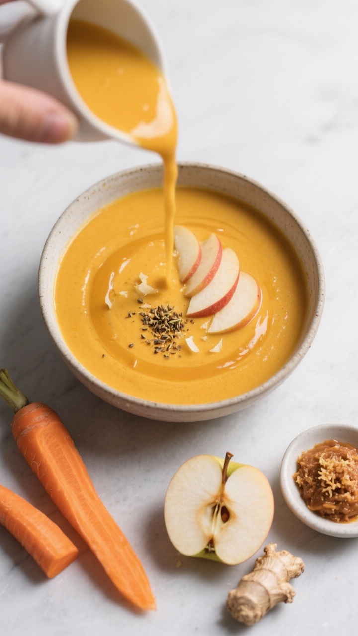 Minimalist overhead of a smooth golden carrot ginger soup poured into a shallow bowl; glossy surface with a drizzle of miso-ginger oil, microplaned apple and a sprinkle of ground cumin on top; color story of bright orange with pale apple accents; side props: peeled carrots, a Honeycrisp apple half, grated fresh ginger, and a small dish of miso; clean slate background.
