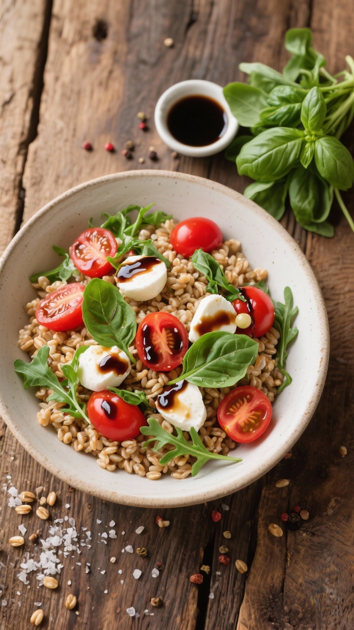 Overhead composed bowl of Caprese Farro with Balsamic-Basil Drizzle: chewy farro base topped with juicy cherry tomato halves, fresh mozzarella pearls, torn basil, arugula, and a glossy balsamic reduction drizzle with extra-virgin olive oil; flaky sea salt and cracked pepper visible; rustic wooden table, small dish of balsamic glaze and a bundle of basil to the side; bright red, white, and green contrast with hearty grain texture.