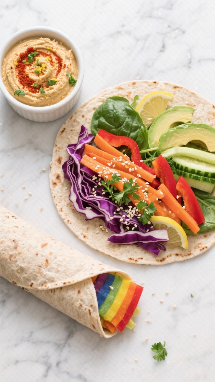 Overhead flat lay of a Rainbow Crunch Veggie Wrap assembly on a light marble surface: whole-wheat tortilla spread edge-to-edge with zesty lemon-garlic hummus, layered with ribbons of purple cabbage, julienned carrots, red bell pepper strips, cucumber batons, baby spinach, and avocado slices; a small ramekin of extra hummus with paprika swirl and lemon zest, scattered sesame seeds and chopped fresh parsley; one wrap tightly rolled and sliced on the bias to reveal the rainbow cross-section, vibrant, crisp, and glossy.
