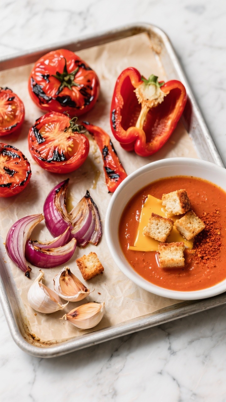 Overhead ingredient-to-finish scene: smoky roasted Roma tomatoes (halved), charred red bell pepper quarters, caramelized red onion wedges, and roasted garlic cloves on a parchment-lined sheet pan, next to a bowl of finished tomato–red pepper soup; soup garnished with paprika oil and topped with bite-size grilled cheese croutons oozing cheddar; bright reds and deep char marks, clean marble background.