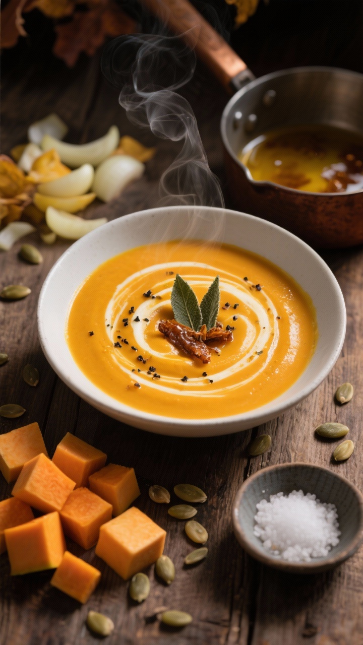 Overhead shot of a velvety roasted butternut squash bisque swirled with brown butter and crispy sage leaves in a matte white bowl; golden-orange soup with flecks of black pepper and a drizzle of olive oil, toasted pumpkin seeds scattered; props include raw cubed butternut, chopped yellow onion, a small dish of kosher salt, and a browned butter saucepan in frame; warm, moody fall light on a rustic wooden surface, steam gently rising.