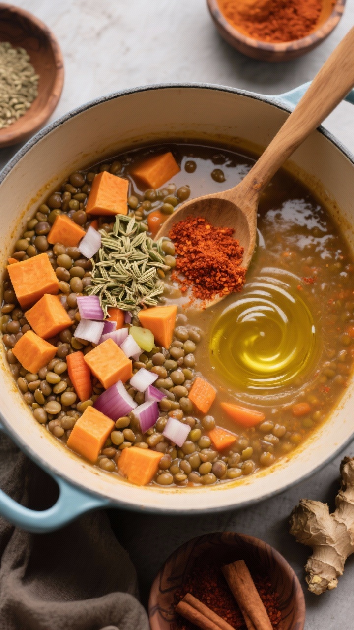 Overhead shot of Moroccan-spiced lentil and sweet potato soup mid-cook in a wide pot; visible orange sweet potato cubes, brown-green lentils, diced onion and carrots, and a spice bloom of cumin, coriander, paprika, cinnamon, and fresh ginger staining the oil; a swirl of olive oil on the surface; surrounding spice bowls and a wooden spoon dusted with paprika; warm, earthy tones.