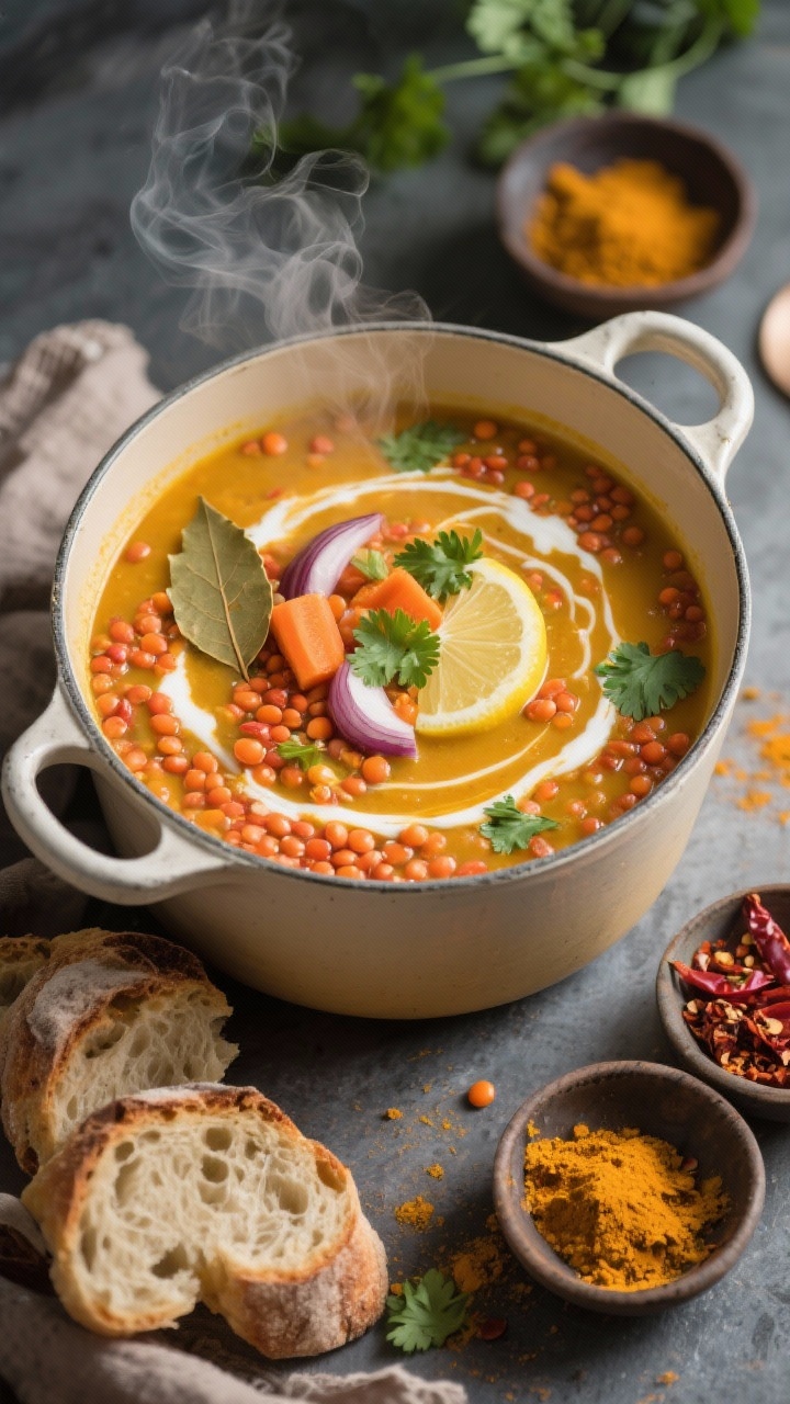 Overhead shot of Smoky Turmeric Lentil Soup in a rustic enamel pot: golden-orange broth with red lentils, carrots, onion, garlic, cumin, smoked paprika, turmeric, and bay leaf visible; swirls of coconut milk, a squeeze of lemon, fresh cilantro leaves scattered; crusty bread slices on the side, small bowls of chili flakes and extra turmeric; steam rising, cozy, hearty texture with visible lentil body and spice bloom.