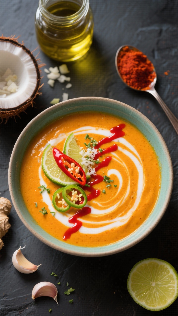 Overhead vibrant bowl of curried pumpkin coconut soup, deep orange with a glossy surface; bold red curry and turmeric hues, coconut milk swirls, and a chili-lime drizzle zigzag on top; garnishes: fresh grated ginger, thin chili rings, and lime zest; surrounding props: coconut oil jar, minced garlic, a spoonful of red curry paste, and a lime half; modern, high-contrast styling.