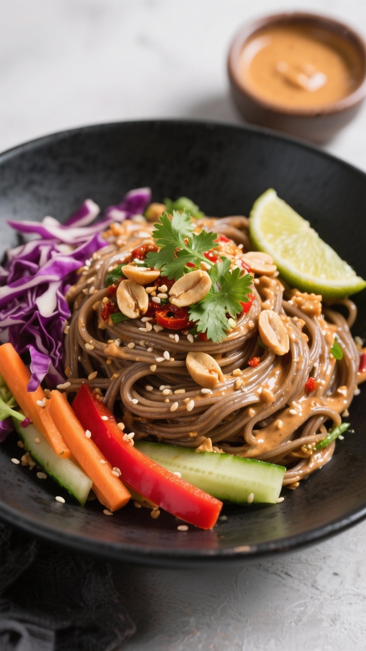 Straight-on close-up of Spicy Peanut Soba Noodle Salad: buckwheat soba tossed in creamy chili-peanut sauce, piled in a matte black bowl; crunchy veg accents—shredded purple cabbage, julienned carrots, red bell pepper strips, cucumber matchsticks—topped with crushed roasted peanuts, sesame seeds, cilantro, and lime wedge; a small ramekin of extra spicy peanut dressing in background; glossy noodles with crunchy contrast, bold and vibrant.