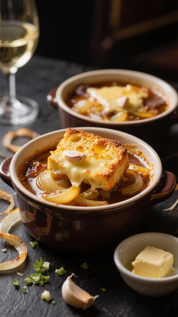 Straight-on, dramatic presentation of French onion soup in individual crocks; deeply caramelized yellow onions in a rich broth, topped with a golden garlic-butter crouton lid and bubbling, blistered cheese; hints of dry white wine aroma implied; stray onion strands and a small butter dish with minced garlic nearby; dark bistro vibe with focused highlights.