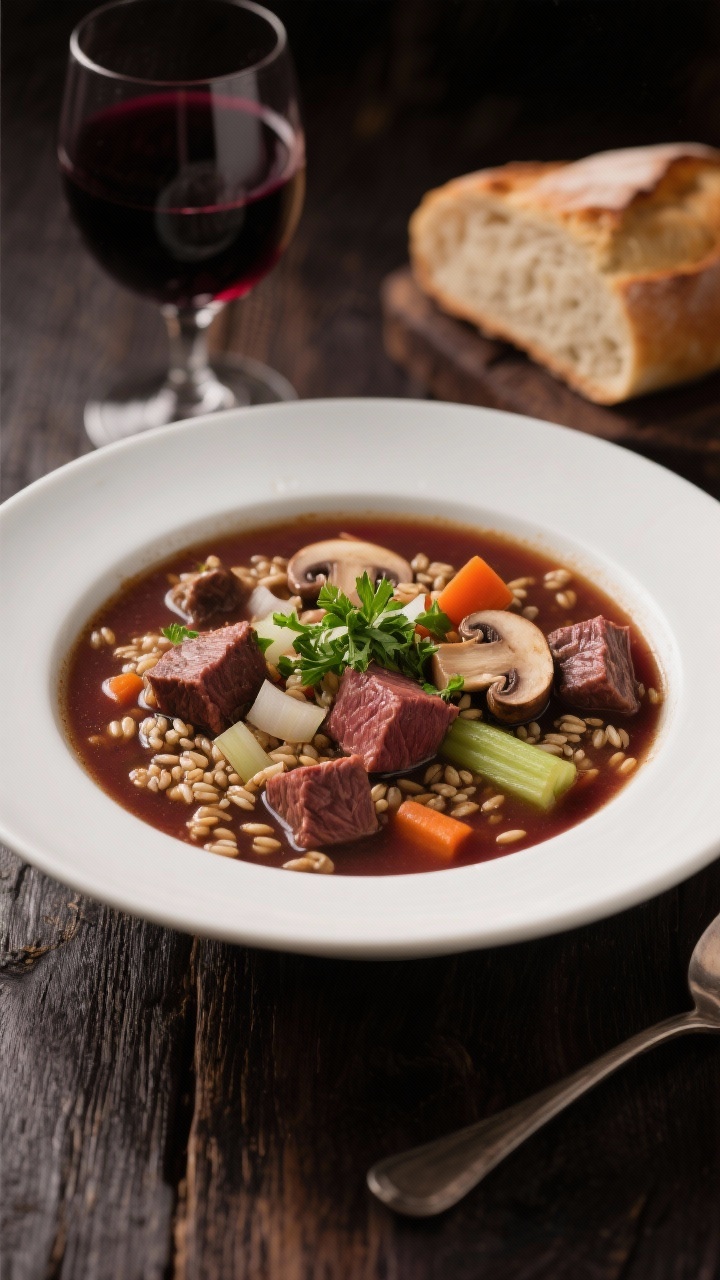 Straight-on, hearty bowl of beef and barley soup with mushrooms and red wine; tender cubes of beef chuck, pearled barley, sautéed cremini slices, diced onion, carrots, and celery in a deep, wine-tinted broth; chopped parsley sprinkled on top; a glass of red wine and crusty bread in the background; moody, dark wood styling for a robust feel.