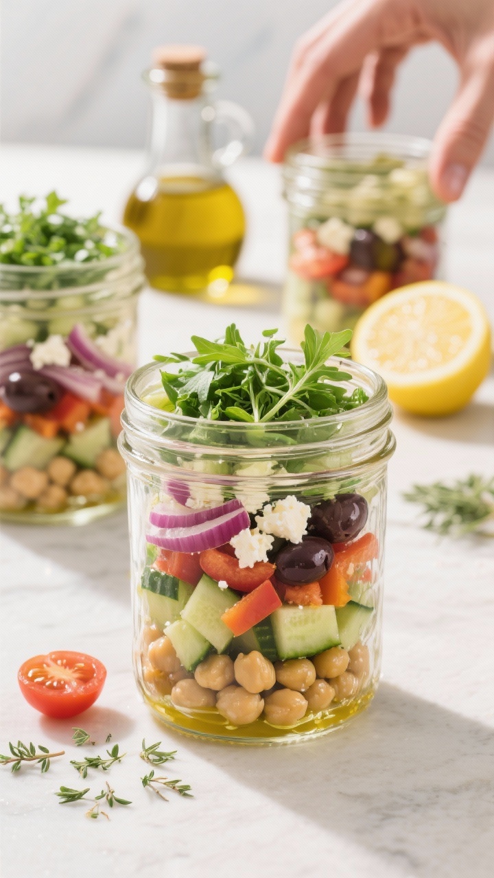 Straight-on ingredient/prep shot of a Mediterranean Chickpea Chopped Salad Jar being layered in a clear mason jar (no hands): bottom layer of lemon-oregano vinaigrette, then canned chickpeas, diced cucumber, cherry tomato halves, chopped red onion, kalamata olives, diced bell pepper, crumbled feta, and a top layer of chopped parsley and arugula; duplicate jars in the background, extra vinaigrette in a tiny bottle; bright, sunlit Mediterranean mood with olive oil bottle and lemon halves nearby.