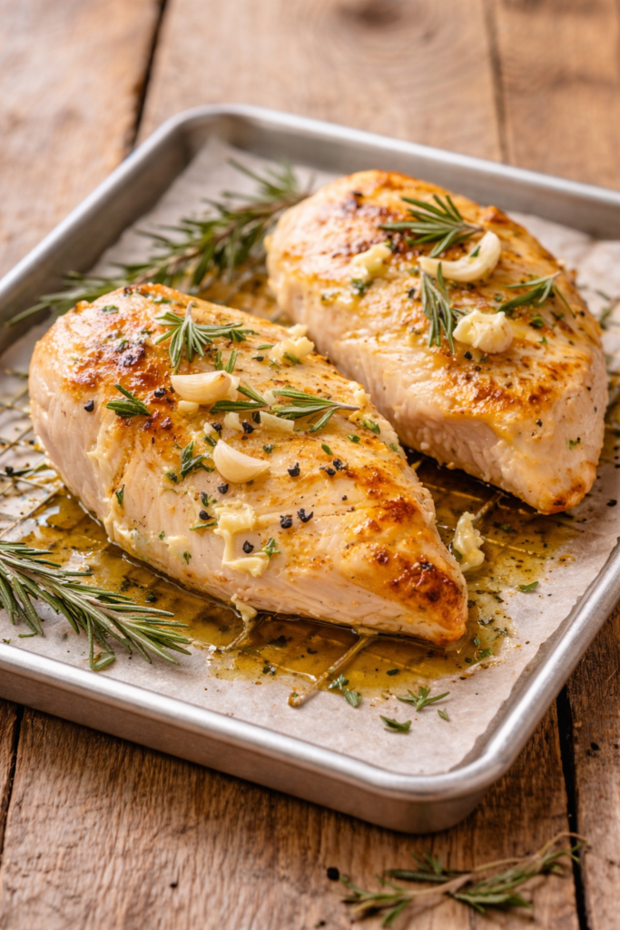 Straight-on shot of garlic-herb butter “rotisserie-style” chicken breasts resting on a wire rack, coated in softened butter mixed with minced garlic, chopped fresh thyme and rosemary, and cracked black pepper; melting herb butter pooling slightly beneath, golden blistered surface, a small dish of extra garlic-herb compound butter and scattered thyme sprigs, clean rustic wood backdrop.