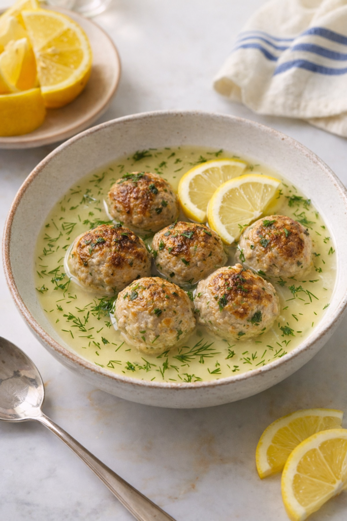 Overhead ingredient-to-finish narrative: on the left, raw turkey meatball mix—ground turkey (93% lean), panko, egg, grated Parmesan, chopped parsley—formed into uniform meatballs on a parchment sheet; on the right, a shallow bowl of clear lemony broth with the cooked herb-loaded meatballs nestled in, flecks of parsley and lemon slices floating; clean, light, comforting vibe.
