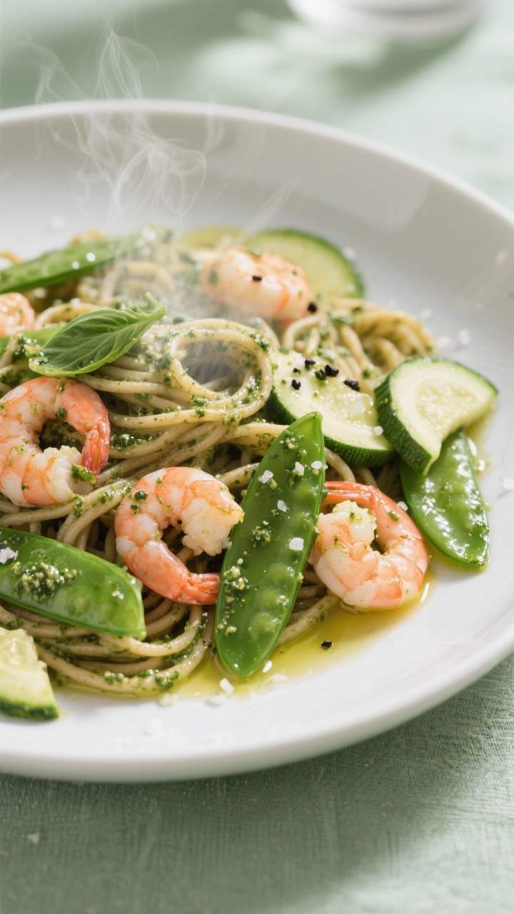 45-degree angle capture of spring veggie pesto pasta twirled with whole-grain pasta, juicy pink shrimp, halved snap peas, and thin half-moons of zucchini, all glistening in basil pesto; steam rising, black pepper specks visible; plated in a wide white bowl with a drizzle of olive oil and a sprinkle of flaky salt, set on a pale green linen.