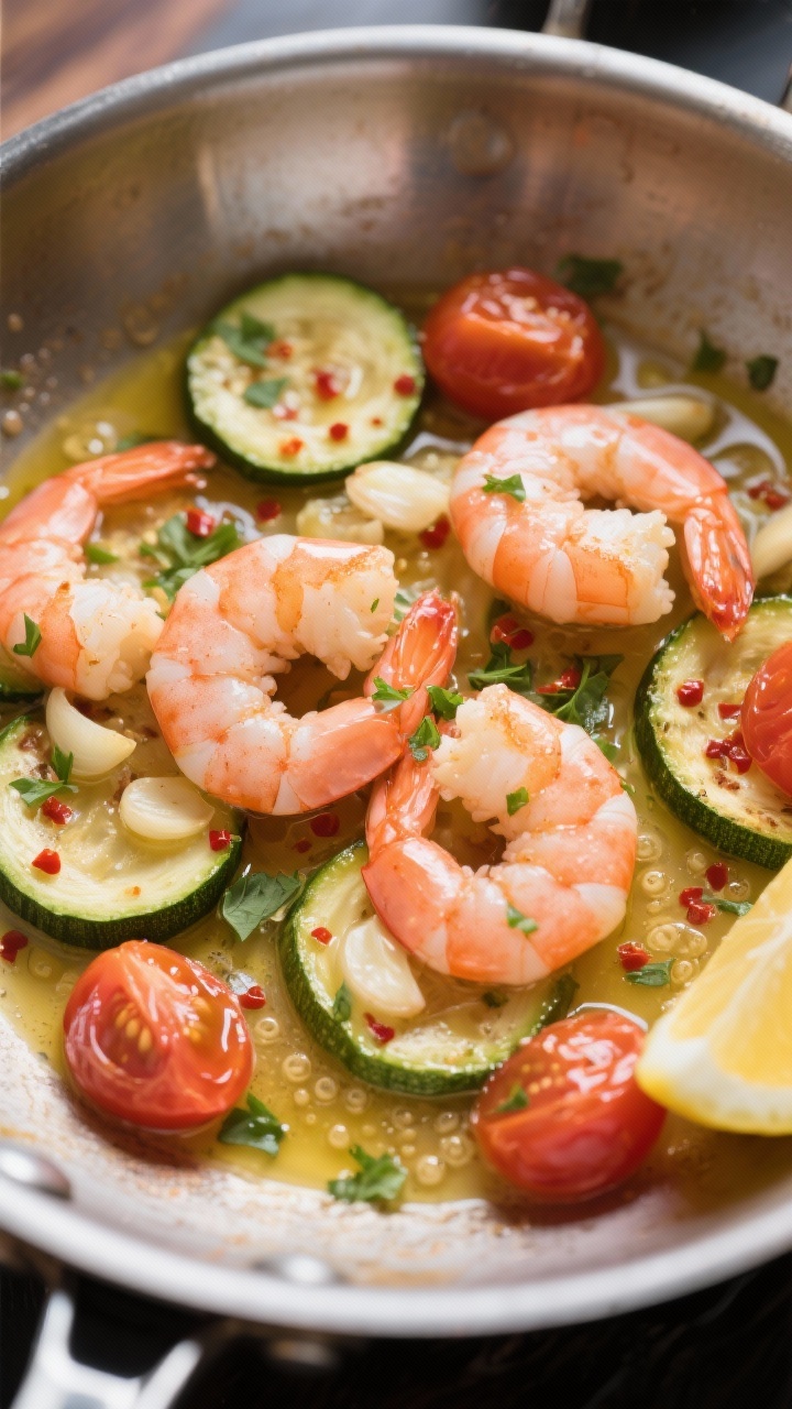 45-degree angle close-up of garlicky shrimp scampi in a stainless skillet: pink, just-curled large shrimp glistening in a butter-olive oil sauce with thinly sliced garlic and a sprinkle of red pepper flakes, nestled among half-moons of sautéed zucchini and burst cherry tomatoes. Sauce visibly glossy with tiny bubbles, chopped parsley scattered, lemon wedges at the edge of the pan. Bright, fresh Mediterranean vibe, high clarity, appetizing sheen.