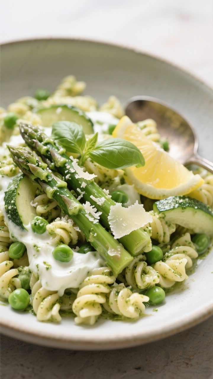 45-degree angle close-up of spring veggie pesto pasta tossed with creamy Greek yogurt pesto: al dente fusilli coated in a pale-green, silky pesto-yogurt sauce, studded with tender asparagus tips, peas, and ribbons of zucchini; topped with fresh basil, grated Parmesan, and a squeeze of lemon; served in a wide shallow bowl with a spoon swish showing the creamy texture.