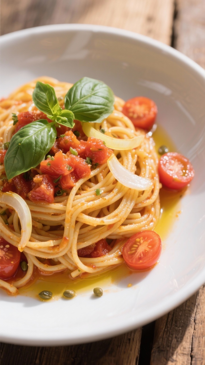 45-degree angle, final plated presentation of one-pot tomato-basil spaghetti: long strands glistening with olive oil, studded with thinly sliced garlic, translucent ribbons of yellow onion, juicy canned diced tomatoes with their juices and halved cherry tomatoes bursting, crowned with a generous handful of fresh basil leaves; served in a wide white bowl with a drizzle of extra-virgin olive oil, a few tomato seeds and juices pooling at the bottom, warm daylight for a summery feel, rustic wood table background.