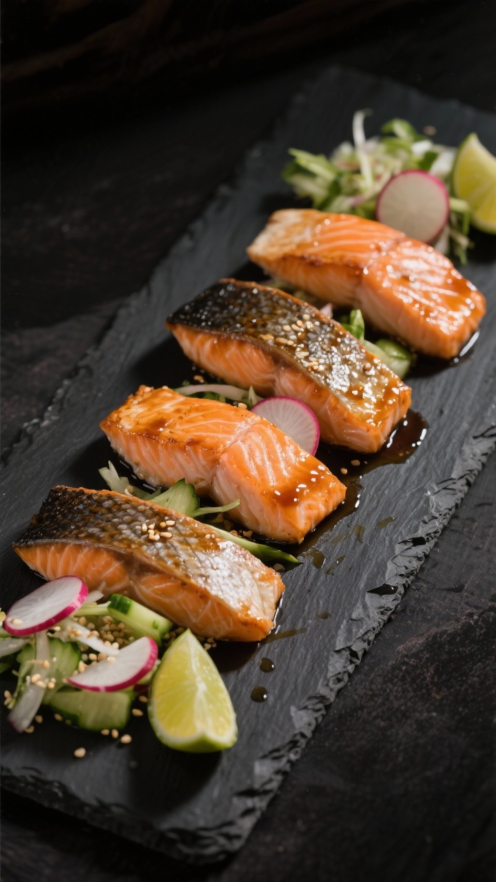 45-degree angle hero of Miso-Maple Glazed Salmon with Radish and Cucumber Salad: four skin-on salmon fillets lacquered with a glossy white miso, maple syrup, soy/tamari, rice vinegar, ginger glaze, slight caramelization at edges; plated with a crisp radish and cucumber salad (thin slices, light vinaigrette), sesame seeds, and lime wedges; set on a dark slate to pop the salmon’s color; moody directional light, high clarity.