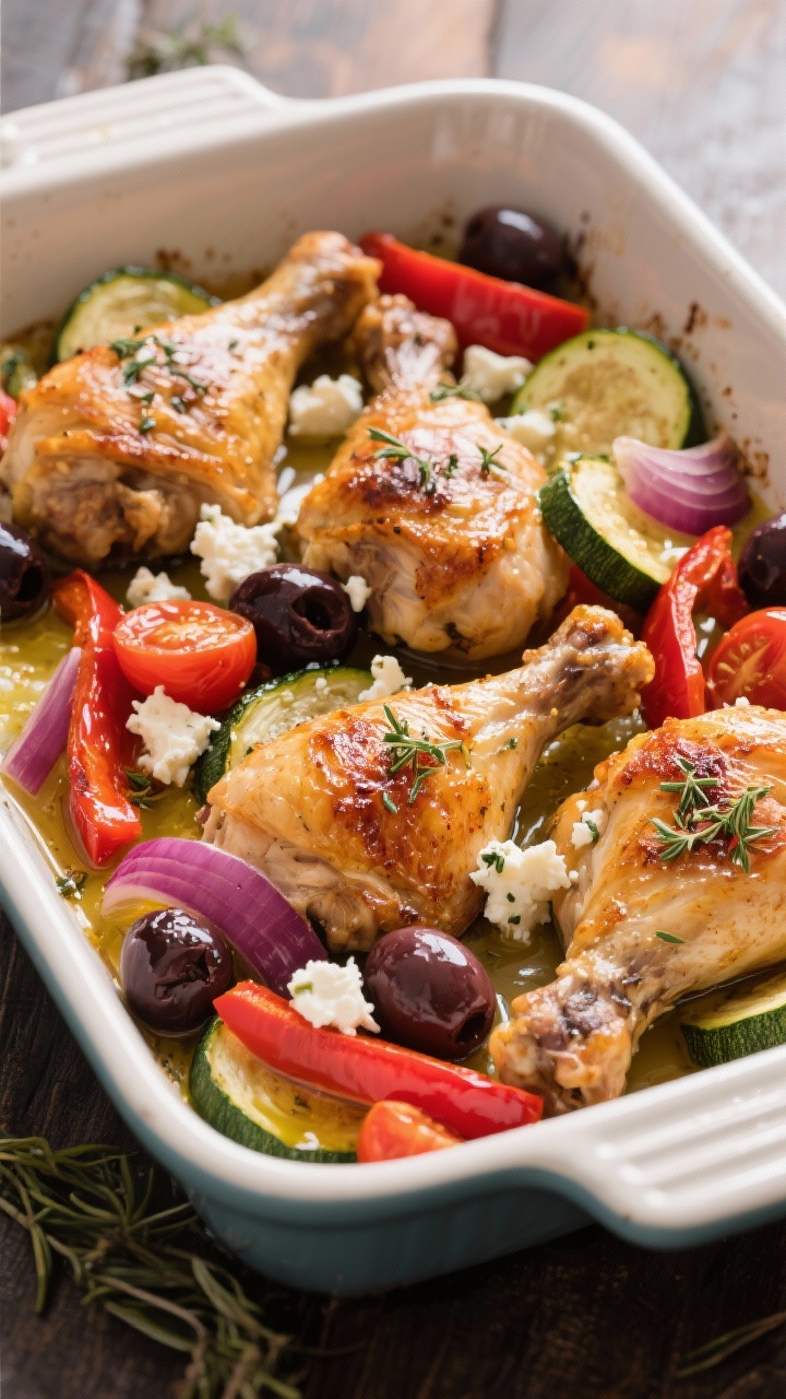 45-degree angle one-pan Greek chicken dinner: golden, roasted bone-in skin-on chicken thighs nestled with red onion wedges, red bell pepper strips, zucchini rounds, cherry tomatoes, and pitted Kalamata olives; crumbles of feta melting in spots, oregano and olive oil glistening; served in a large enameled roasting pan with rustic Mediterranean styling.