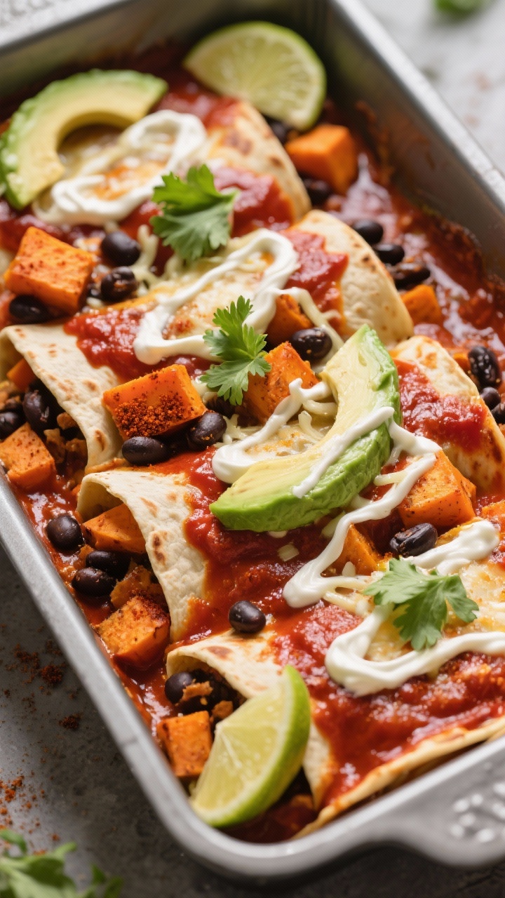 45-degree angle pan shot of smoky sweet potato and black bean enchadas: tortillas nestled in a baking dish, filled with roasted sweet potato cubes seasoned with chili powder, smoked paprika, cumin, and kosher salt, mixed with black beans; smothered in red enchilada sauce, lightly blistered cheese, topped with avocado lime crema ribbons, cilantro, and lime wedges.